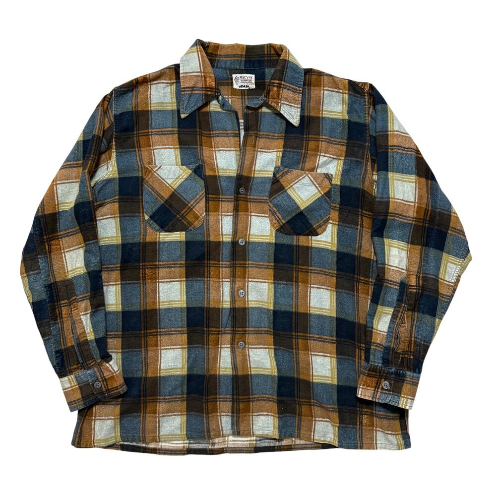VTG 60's Macy's 100% Cotton Sanforized Plaid Check Flannel Button Up Shirt XL